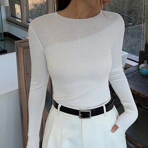 COMMENSE - NWT - WHITE Knit Ribbed Crew Neck Asymmetric Top - XSMALL